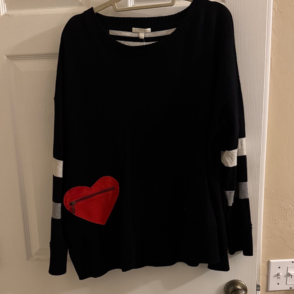 Lisa Todd Black Sweater with Red Heart and White Stripes